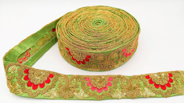 Green Art Silk Trim With Intricate Floral Embroidery With Sequins, Lace Trim, Indian Lace Trim